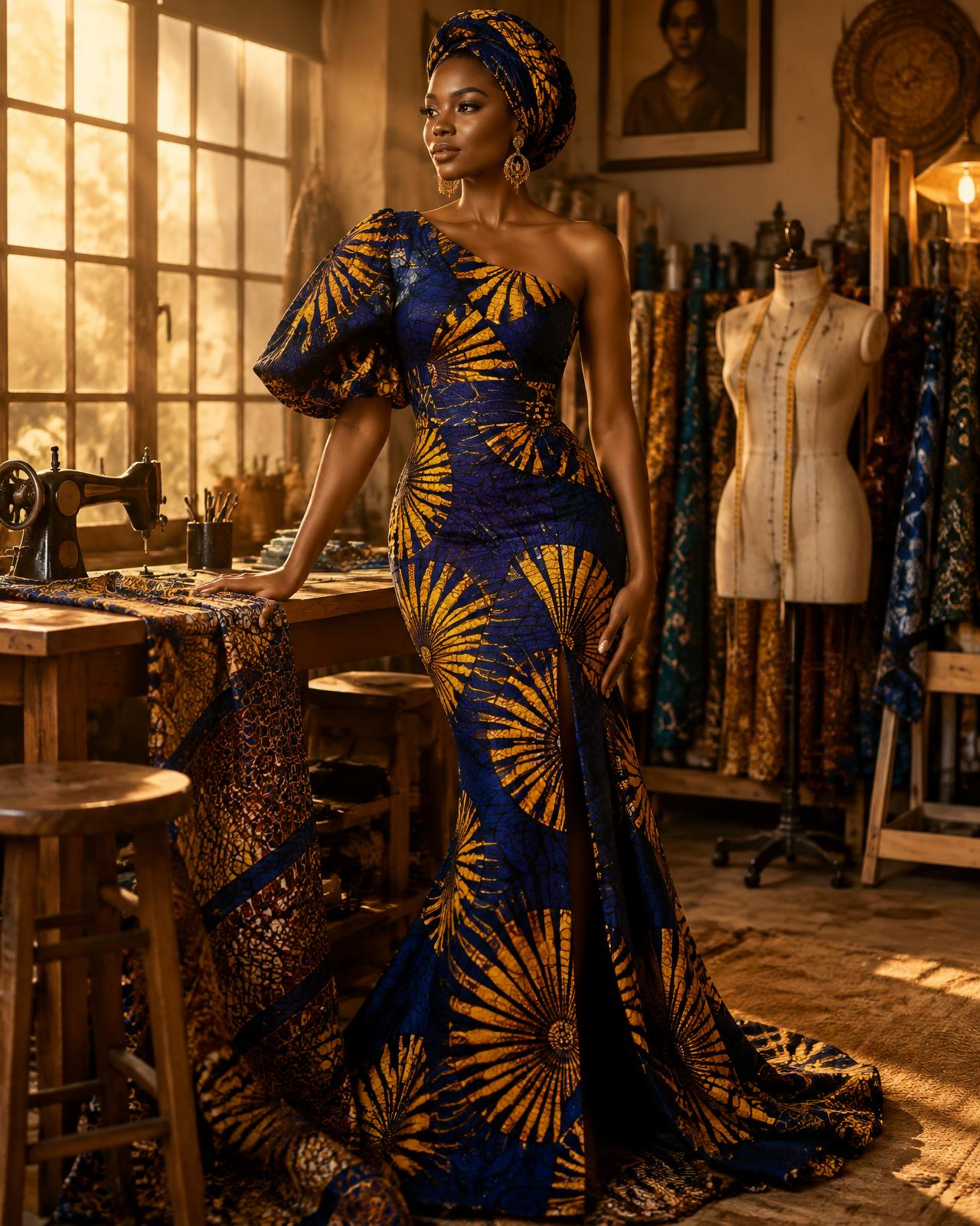 Woman in a blue and gold Ankara gown in the Patchito atelier